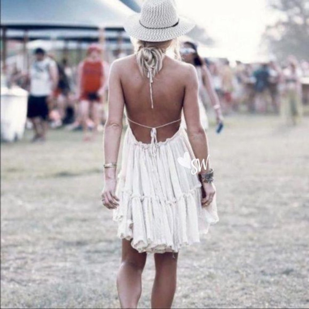Boho Backless Swiss Dot Mini Dress Cream - Picture 6 of 6